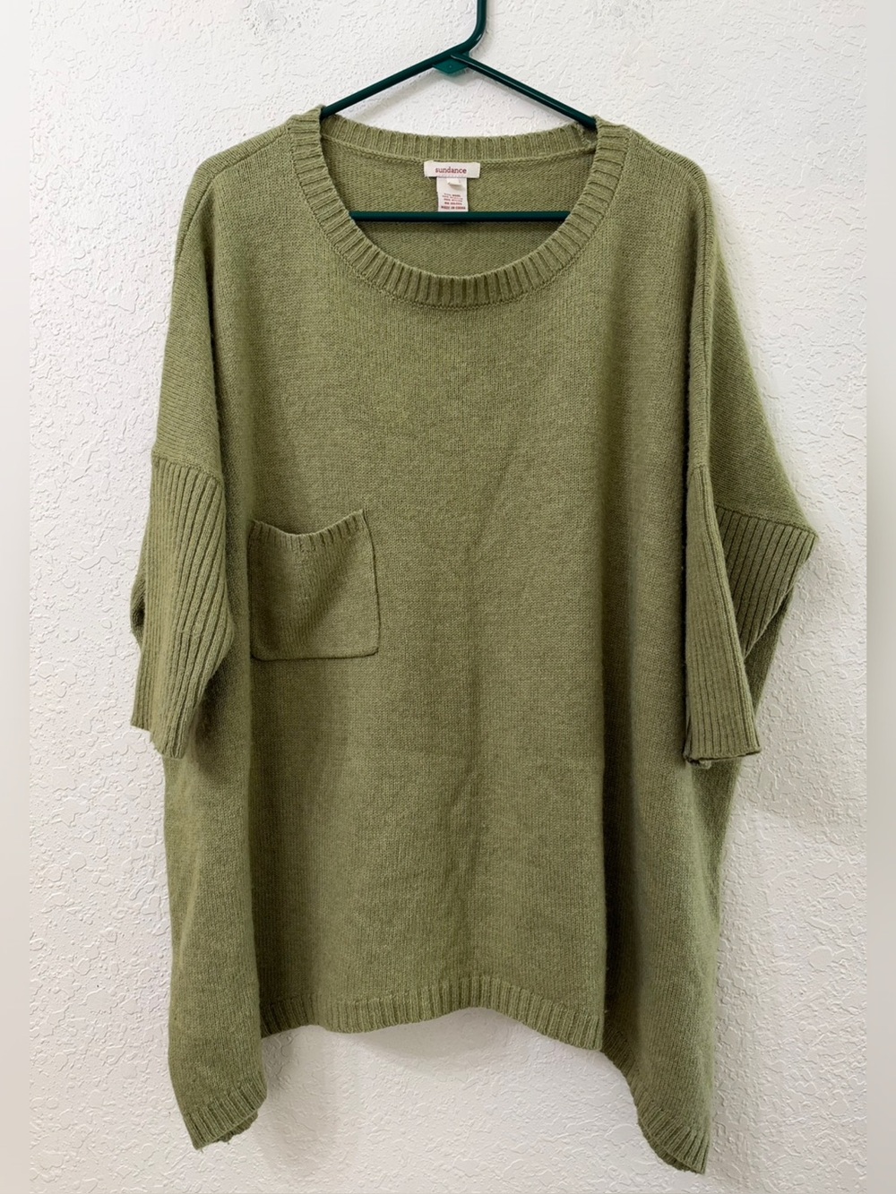 Sundance Olive Green Scoop Neck Oversized Wool Blend Pocket Sweater L Large